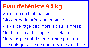 Zone de Texte: �tau d'�b�niste 9,5 kgStructure en fonte d�acier. Glissi�res de pr�cision en acier Vis de serrage des mors � deux entr�es Montage en affleurage sur  l��tabli. Mors largement dimensionn�s pour un 	montage facile de contres-mors en bois.